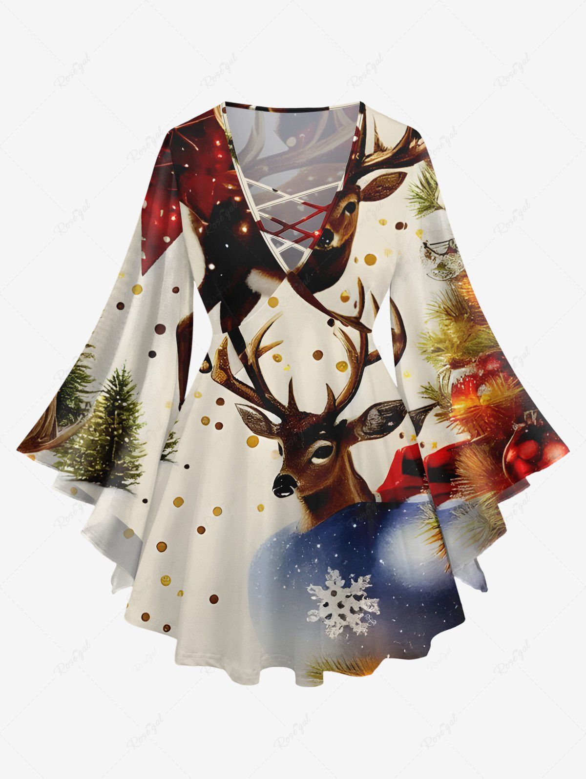 Cheap Plus Size Christmas Tree Ball Elk Snowflake Print Lattice Long Sleeves T-shirt  