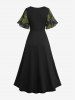 Plus Size Rose Flower Print Surplice Ruched Buckle Midi Dress -  