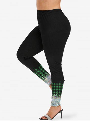 Plus Size Christmas Plaid Sparkling Sequin 3D Print Leggings - BLACK - 5X