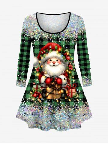 Plus Size Christmas Light Santa Claus Plaid Sparkling Sequin 3D Print T-shirt - GREEN - XS