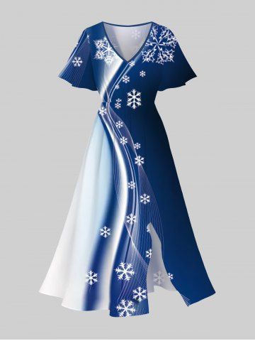 Robe Mi-Longue Fendue Flocon de Neige Noël Imprimé en Blocs de Couleurs de Grande Taille - BLUE - 2X