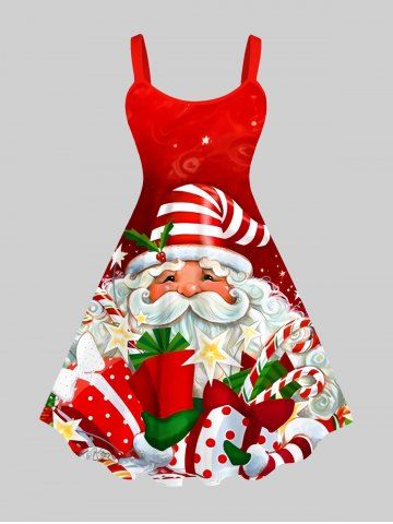 Plus Size Christmas Santa Claus Star Holy Fruit Gift Box Print Tank Dress - RED - 3X