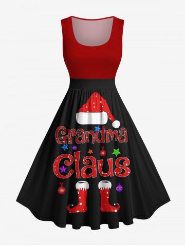 Plus Size Christmas Hat Ball Letters Stocking Print Vintage Swing A Line Dress - BLACK - XS