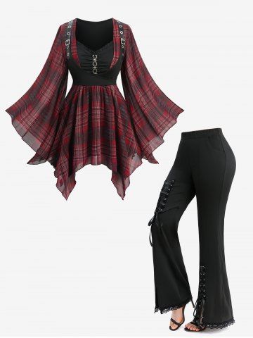 Plaid Printed Chain Ruched PU Strap Asymmetric Corset Blouse and Lace-up Split Pocket Flare Pants Plus Size Outfit - DEEP RED