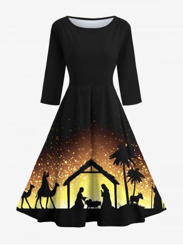 Christmas Nativity Of Jesus Tree Ombre Print Vintage 50's Midi Dress - BLACK - S