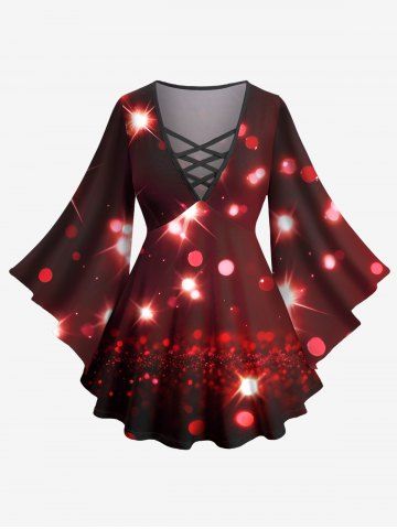 Plus Size Glitter Sparkling Christmas Light Print Ombre Lattice Long Sleeves T-shirt - DEEP RED - XS