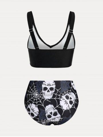 Plus Size & Curve Skull Rose Print Crossover Three Piece Bikini Swimsuit