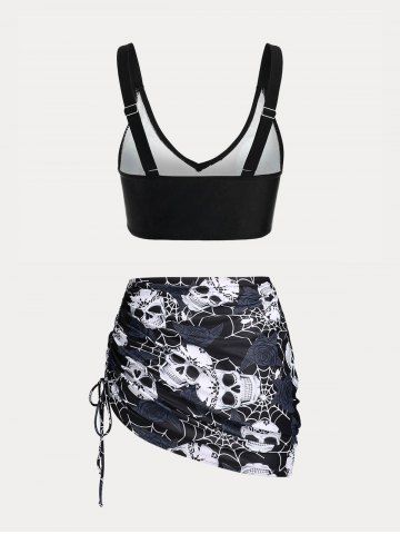 Plus Size & Curve Skull Rose Print Crossover Three Piece Bikini Swimsuit