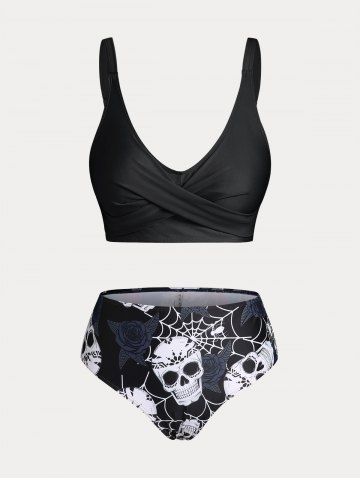 Plus Size & Curve Skull Rose Print Crossover Three Piece Bikini Swimsuit