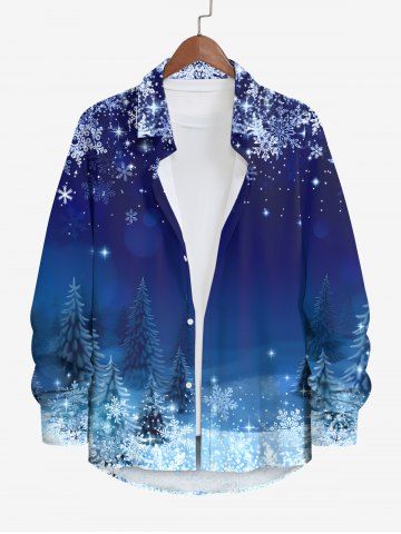 Plus Size Christmas Tree Snowflake Glitter Ombre Galaxy Print Button Long Sleeves Shirt For Men - BLUE - 8XL