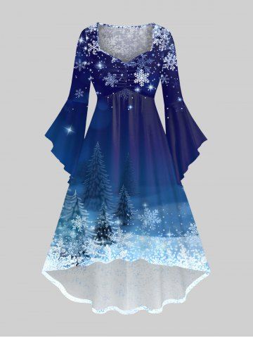 Plus Size Christmas Tree Snowflake Glitter Ombre Galaxy Print Ruched High Low Asymmetric Dress - BLUE - S