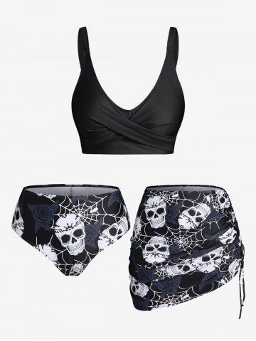 Plus Size & Curve Skull Rose Print Crossover Three Piece Bikini Swimsuit - BLACK - 4X