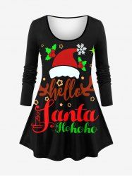 Plus Size Christmas Hat Snowflake Holly Elk Letters Stars Print Long Sleeves T-shirt -  
