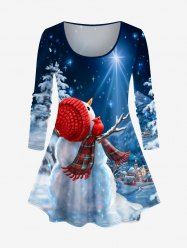 Plus Size Christmas Snowman Star Tree House Snow Print T-shirt -  