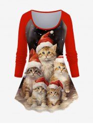 Plus Size Christmas Hat Cats Star Oil Painting Print T-shirt -  