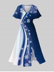 Robe Mi-Longue Fendue Flocon de Neige Noël Imprimé en Blocs de Couleurs de Grande Taille - Bleu 6X