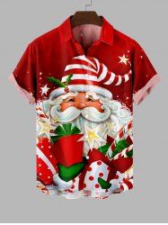 Plus Size Christmas Santa Claus Star Holy Fruit Gift Box Print Buttons Pocket Shirt For Men -  