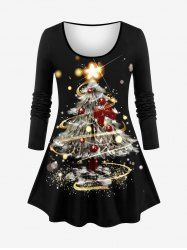 Plus Size Glitter Sparkling Christmas Tree Ball Light Spot Print Long Sleeves T-shirt -  