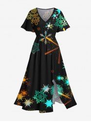 Robe Mi-Longue Ligne A Fendue Flocon de Neige Coloré Imprimé de Grande Taille avec Poche - Noir M