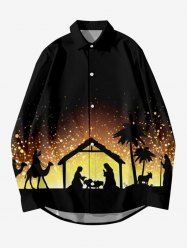 Plus Size Christmas Nativity Of Jesus Tree Ombre Print Button Long Sleeves Shirt For Men -  