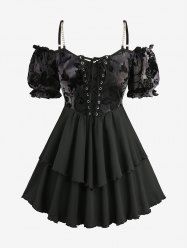 Haut Superposé Teinté Fleuri à Bretelle en Maille de Grande Taille à Manches Bouffantes à Volants - Noir 3X | US 22-24