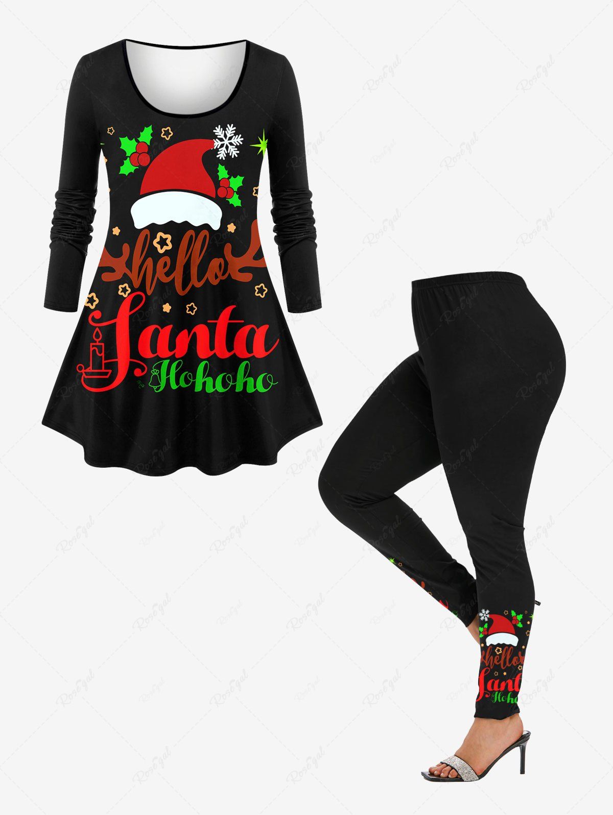 Outfit Christmas Hat Snowflake Holly Elk Letters Stars Print Long Sleeves T-shirt and Leggings Plus Size Matching Set  