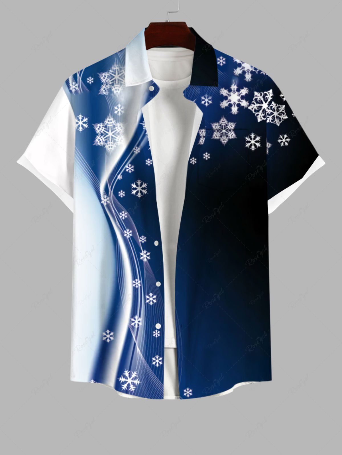 T-shirt Imprimé Flocon de Neige Noël à Boutons avec Poche Grande Taille pour Homme Bleu S