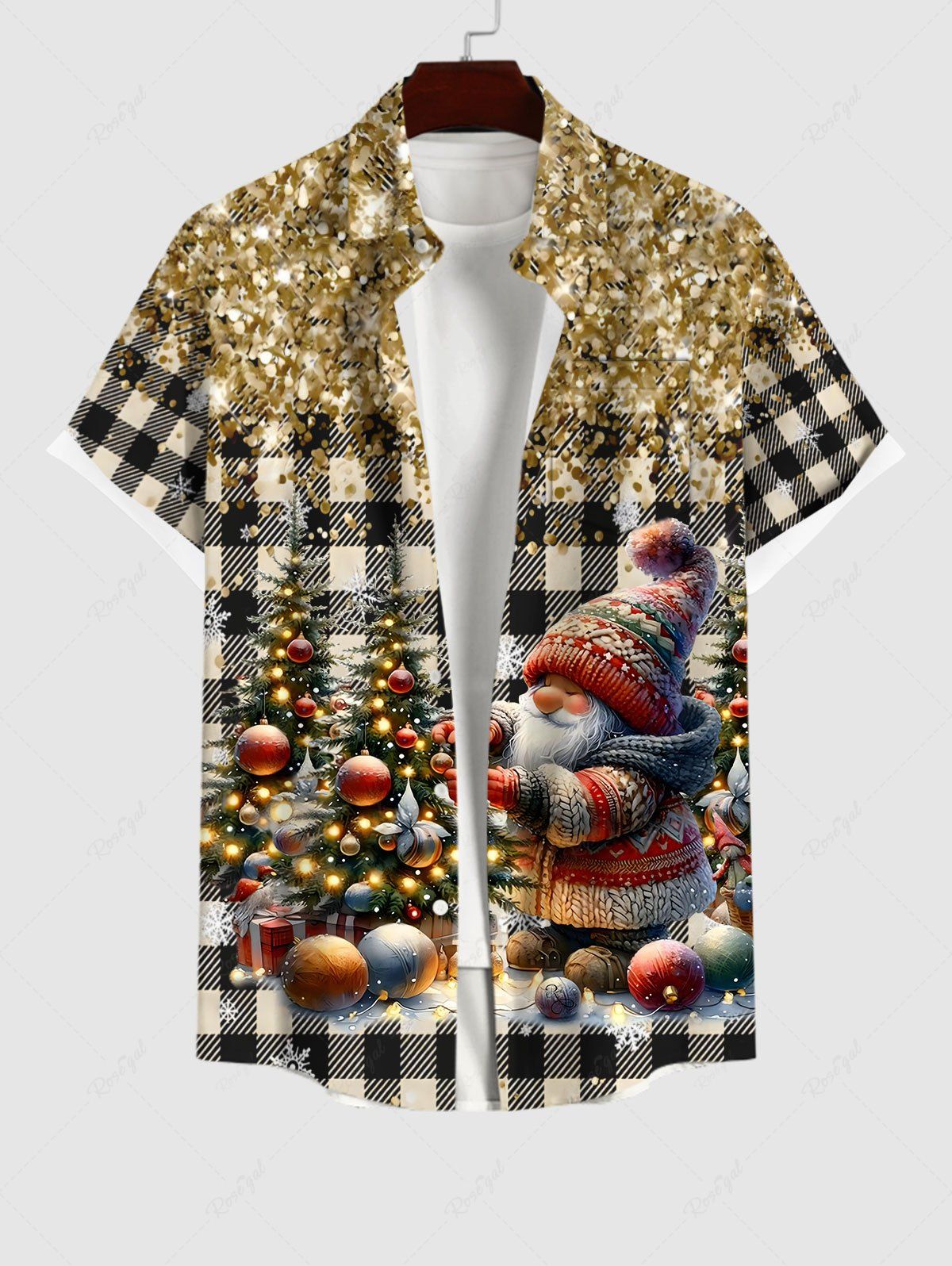 Chemise à Carreaux 3D Père Noël Sapin de Noël et Flocon de Neige Imprimés de Grande Taille avec Poche café 2XL