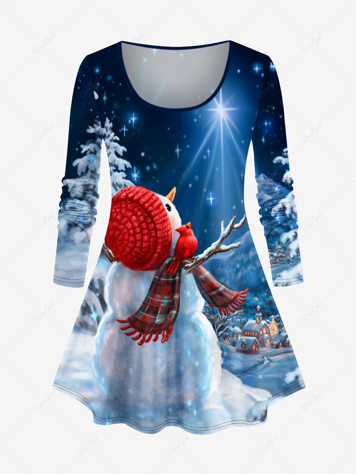 Discount Plus Size Christmas Snowman Star Tree House Snow Print T-shirt  