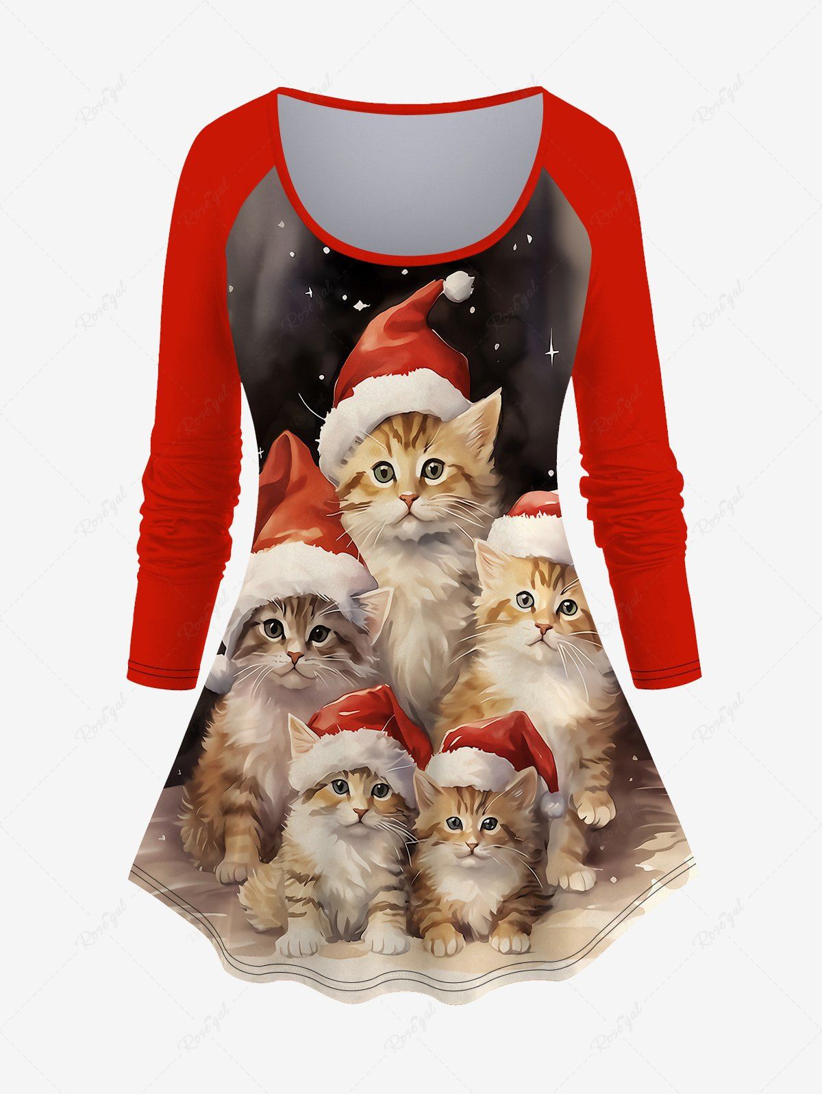 Fancy Plus Size Christmas Hat Cats Star Oil Painting Print T-shirt  