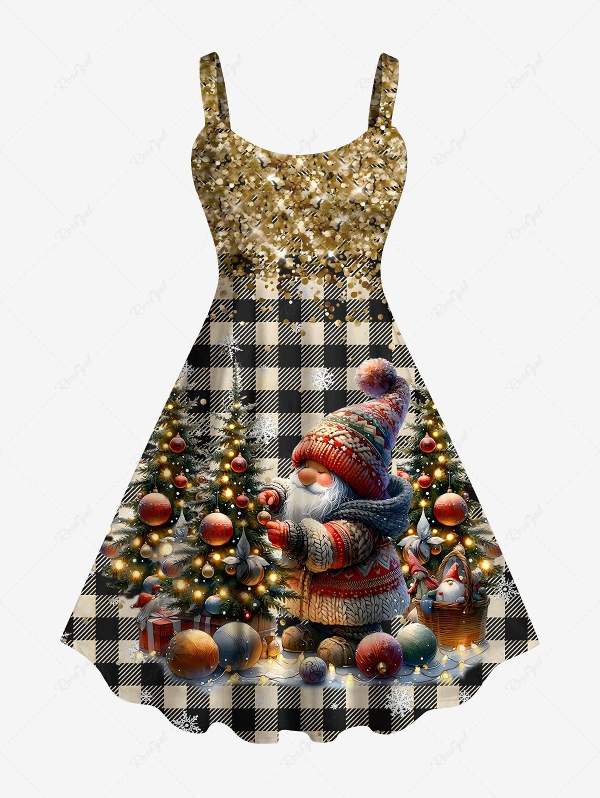 Robe Ornée de Imprimés D'arbre de Noël et de Gymnastique à Paillettes Grande Taille café L