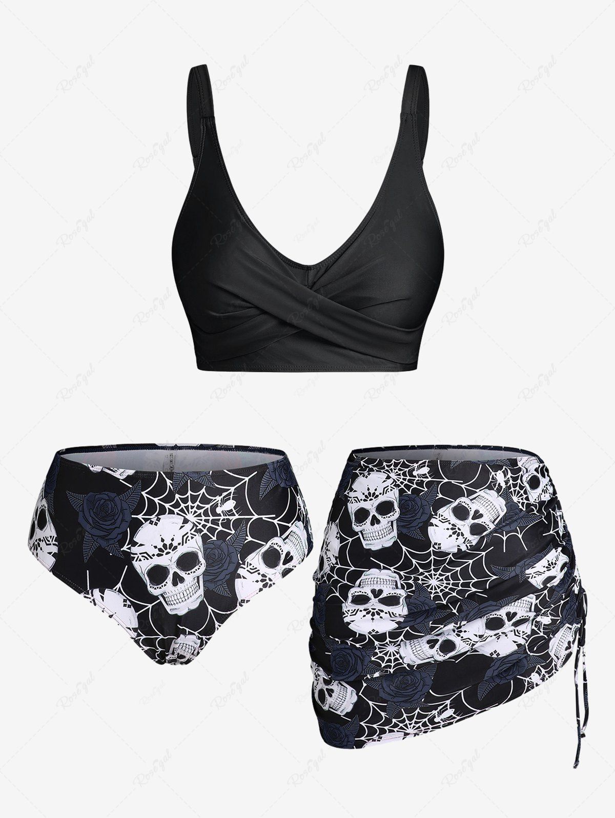 Unique Plus Size & Curve Skull Rose Print Crossover Three Piece Bikini Swimsuit  
