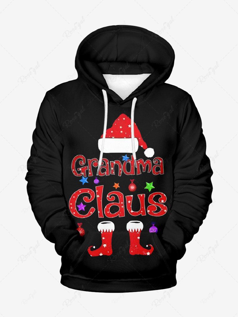 Outfits Plus Size Christmas Hat Ball Letters Stocking Print Pocket Drawstring Pullover Long Sleeves Hoodie For Men  