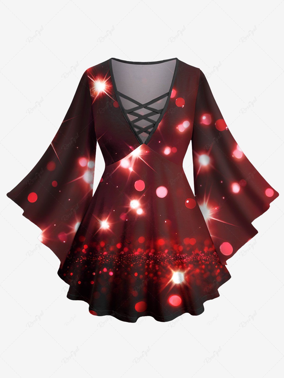 Chic Plus Size Glitter Sparkling Christmas Light Print Ombre Lattice Long Sleeves T-shirt  