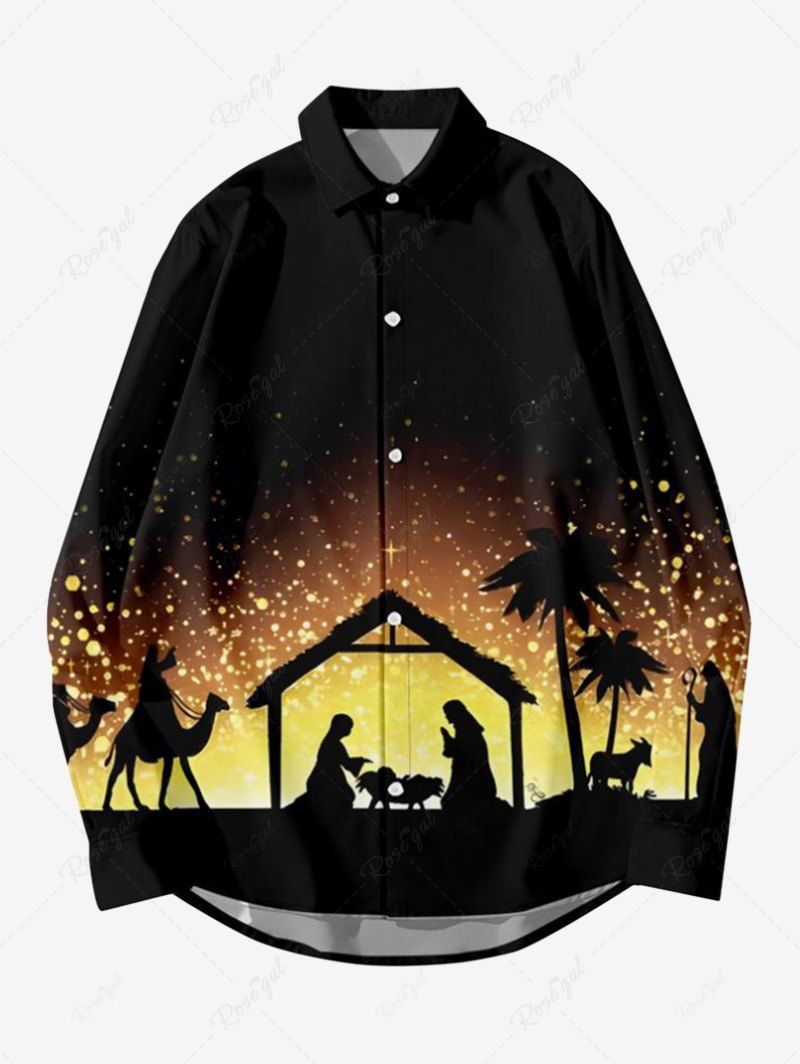 Fashion Plus Size Christmas Nativity Of Jesus Tree Ombre Print Button Long Sleeves Shirt For Men  