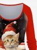 Plus Size Christmas Hat Cats Star Oil Painting Print T-shirt -  