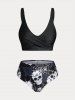 Plus Size & Curve Skull Rose Print Crossover Three Piece Bikini Swimsuit -  