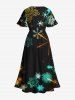Robe Mi-Longue Ligne A Fendue Flocon de Neige Coloré Imprimé de Grande Taille avec Poche - Noir M