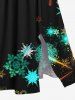 Robe Mi-Longue Ligne A Fendue Flocon de Neige Coloré Imprimé de Grande Taille avec Poche - Noir M