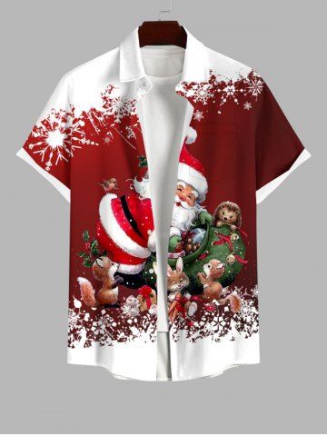 Plus Size Christmas Santa Claus Sacks Squirrel Snowflake Colorblock Print Buttons Pocket Shirt For Men - RED - L