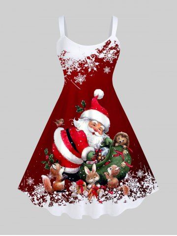 Plus Size Christmas Santa Claus Sacks Squirrel Snowflake Colorblock Print Tank Dress - RED - M