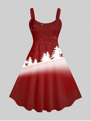 Plus Size Christmas Tree Snowflake Ombre Colorblock Print Tank Dress - RED - L