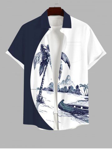 Plus Size Coconut Tree Boat Mountain Sea Colorblock Print Buttons Pocket Hawaii Shirt For Men - MULTI-A - S