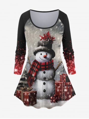 Plus Size Christmas Tree Snowman Snowflake Gift Box Sparkling Sequin 3D Print Raglan Sleeve T-shirt - BLACK - M