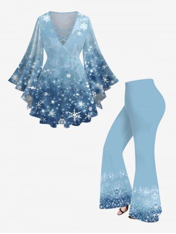 Christmas Snowflake Ombre Print Plus Size Matching Set - LIGHT BLUE