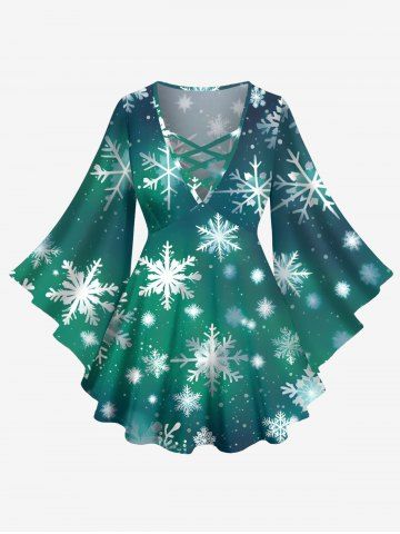 T-shirt Ombré Flocon de Neige Galaxie Imprimé en Treillis de Grande Taille à Manches Longues - GREEN - 3X