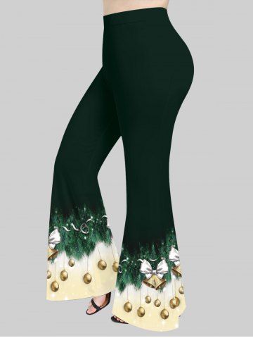 Plus Size Glitter Sparkling Christmas Ball Bell Bowknot Leaves Print Flare Pants