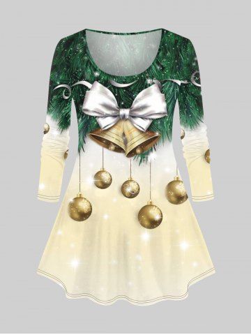 Plus Size Glitter Sparkling Christmas Ball Bell Bowknot Leaves Print Long Sleeves T-shirt