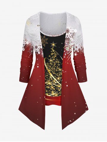 Plus Size Glitter Christmas Tree Snowflake Print Ombre Patchwork Long Sleeves T-shirt - RED - 2X