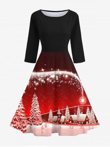 Christmas Tree House Glitter Sparkling Stars Ombre Galaxy Print 50's Vintage Midi Dress - RED - S